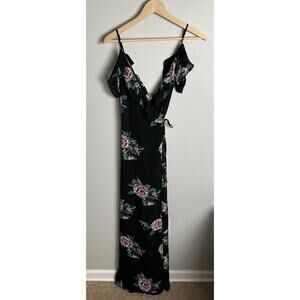 NLW Black Floral Maxi Dress Cold Shoulder Ruffle Wrap Boho Evening Large Women’s